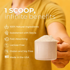 Serving scoop of About Time Whey Isolate Vanilla ready to mix