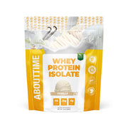 About Time Whey Protein Isolate Vanilla tub showing clean, non-GMO formula for post-workout fueling