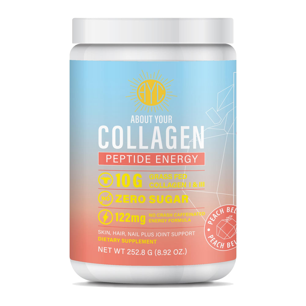 About Your Collagen Peptide Energy bottle closeup highlighting peach flavor and energy support