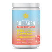 About Your Collagen Peptide Energy bottle closeup highlighting peach flavor and energy support