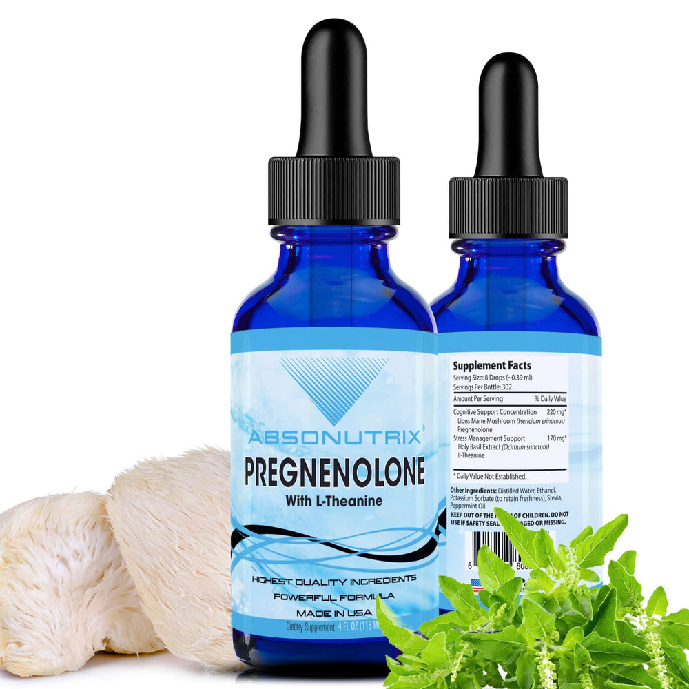 Absonutrix Pregnenolone with L-Theanine bottle, premium easy-to-dose liquid for daily balance