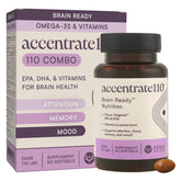 Acccentrate110 bottle front view highlighting omega-3 and B vitamins for focus support.