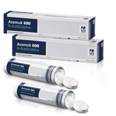 Acemuk NAC 600 mg bottle front view showing two-pack packaging.