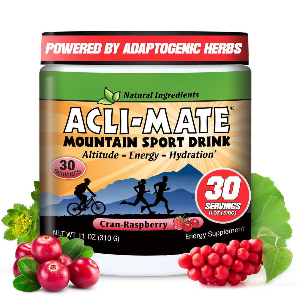 Acli-Mate Mountain Sport Drink Mix tub front view for hydration and altitude support.
