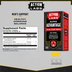 Action Labs Alpha Advantage DIM for Men capsules closeup highlights soft veggie capsules for easy swallowing.