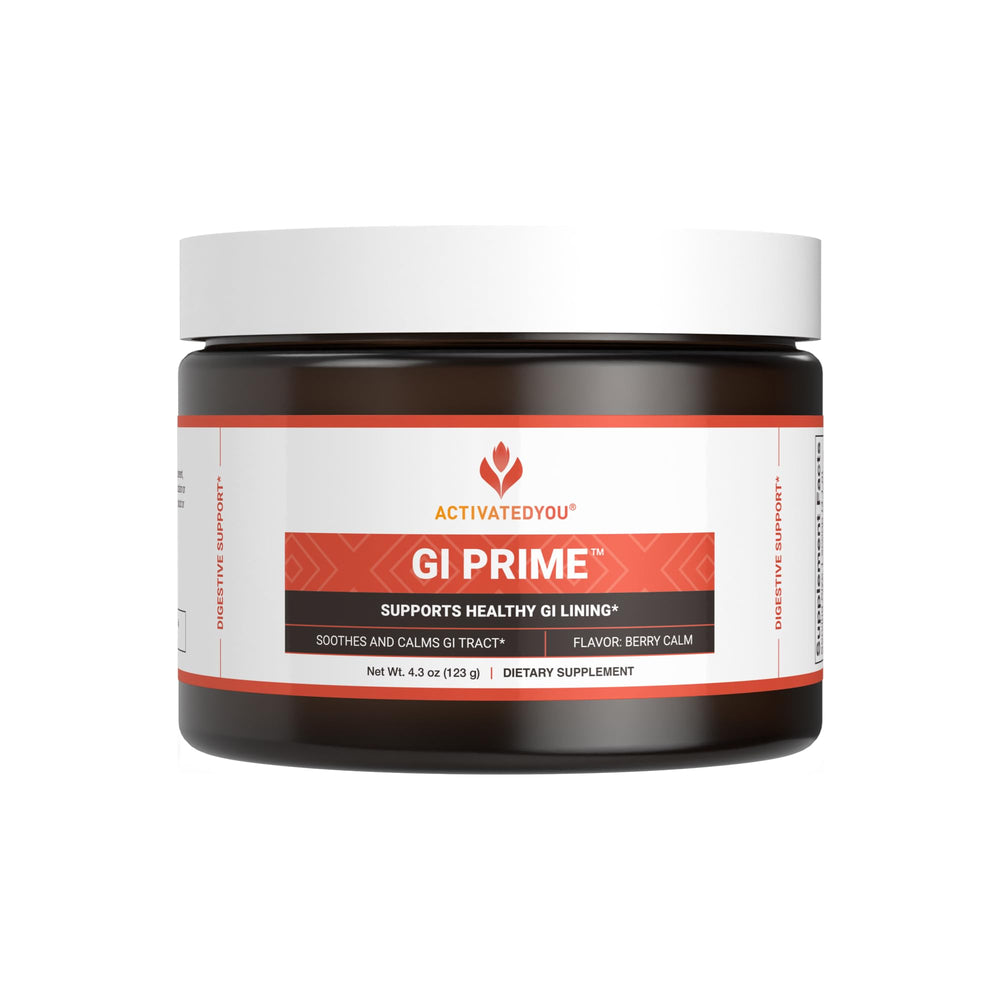 ACTIVATEDYOU GI Prime bottle beside a glass of Berry Calm for digestive comfort.