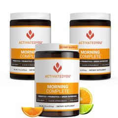 ACTIVATEDYOU Morning Complete bottle with citrus label supports gut health and daily energy.