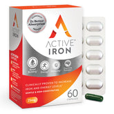Active Iron bottle with capsules highlights gentle, highly absorbed iron for daily energy.