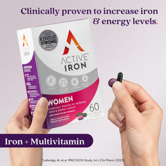 Active Iron capsules close-up shows gentle iron in a non-constipating formula.