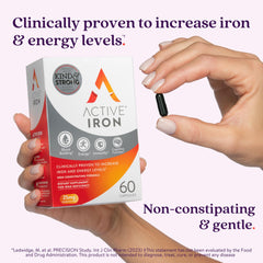 Active Iron capsules close-up emphasizes easy-to-swallow design for everyday use.