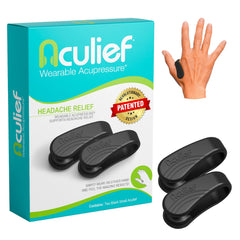 Aculief Acu Therapy wearable clip in black small size worn on the thumb for portable stress support.