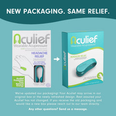 Aculief teal closeup showing the hand clip in use for on-the-go stress relief