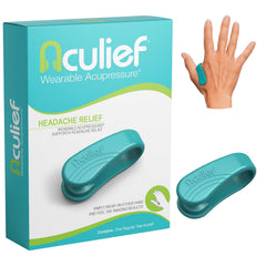 Aculief teal wearable acupressure clip on hand for stress relief