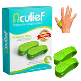 Aculief wearable acupressure device on hand for easy stress support and focus.