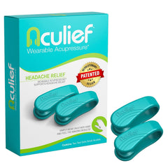 Aculief teal wearable acupressure hand clip, front view, discreet stress relief at work