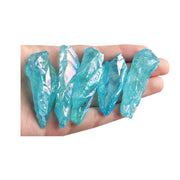 Acxico Rainbow Aura Lemurian Quartz blue crystal point gleams for decorative display