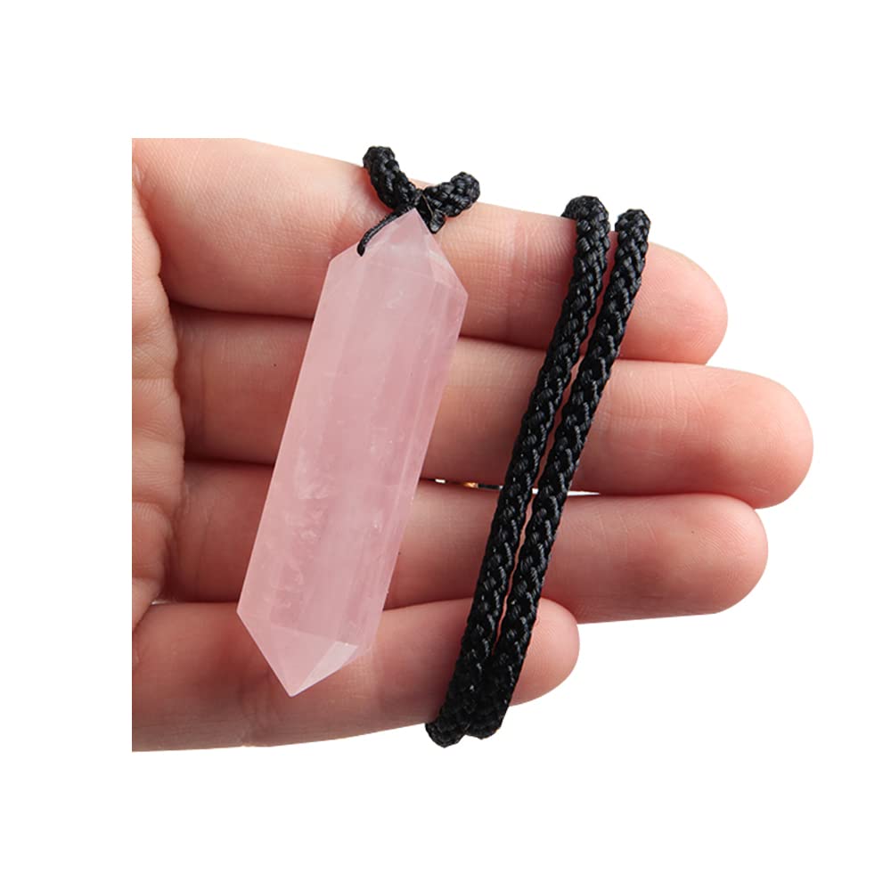 Acxico Rose Quartz Pendulum Necklace front view highlighting hexagonal point for meditation