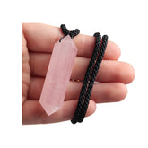 Acxico Rose Quartz Pendulum Necklace front view highlighting hexagonal point for meditation