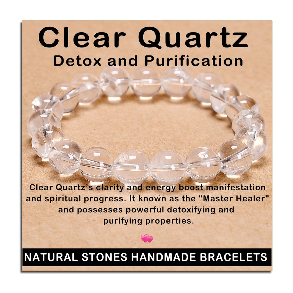 AD Beads Clear Quartz Bracelet 10mm closeup highlighting detox and purification potential with a chic look.
