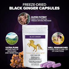 Addictive Wellness black ginger capsules packaging shown for convenient daily use.