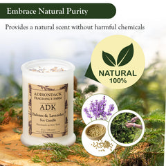 Adirondack Balsam and Lavender candle ingredients emphasizing soy wax and essential oils.