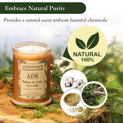 ADK Balsam & Cedar candle closeup shows clean-burning soy wax