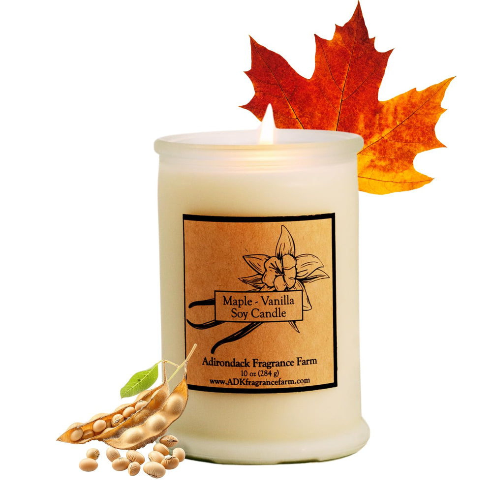 ADK Maple Vanilla candle closeup showing warm glow for cozy evenings