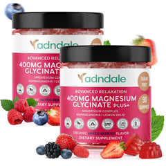 Adndale Magnesium Glycinate Gummies jar showing the triple mineral complex for calm relaxation