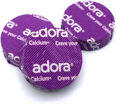 Adora Calcium dark chocolate disks 4-pack back view with Vitamin D3 information