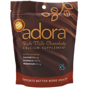 Adora Calcium Supplement milk chocolate packaging showing convenient, kosher, fairtrade calcium boost.