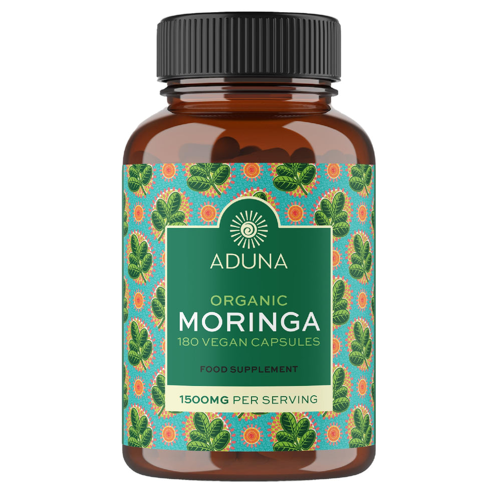 Aduna Moringa capsules bottle close-up showing convenient energy support