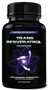 Advanced Bionetix 2x potency resveratrol capsules bottle close-up for antioxidant support.