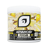 Advanced Focus Powder White Gummy Bear bottle shows a clear label for focused gaming