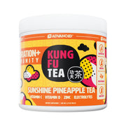 Advanced Kung Fu Tea hydration powder bottle closeup, emphasizing refreshing flavor