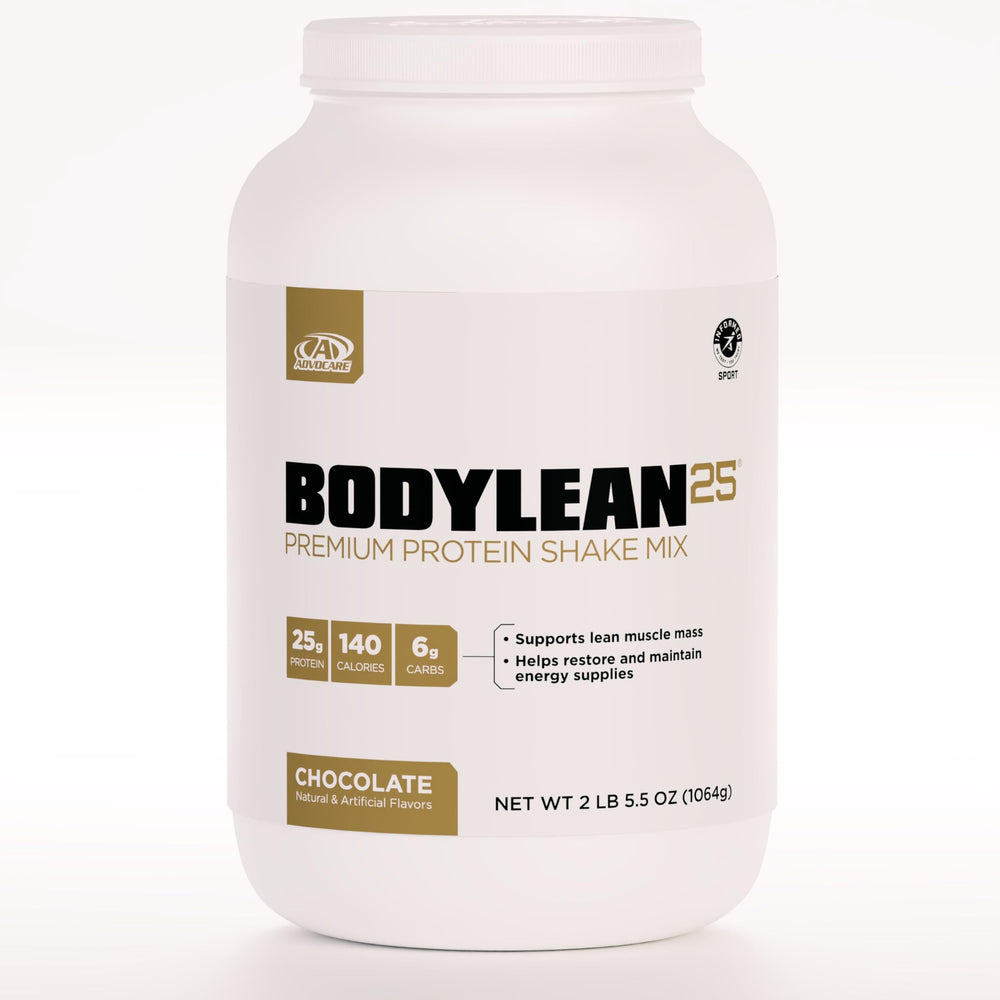 AdvoCare BodyLean25 chocolate protein bottle shows 25 g protein per serving for lean-muscle support.