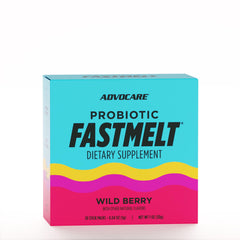 AdvoCare Probiotic FastMelt packaging in wild berry supports a convenient daily gut balance.