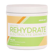 AdvoCare Rehydrate melon tub front view highlighting electrolyte blend for balanced hydration.
