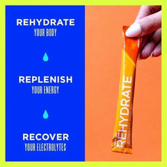 AdvoCare Rehydrate orange stick pack highlights antioxidants and amino acids for recovery.
