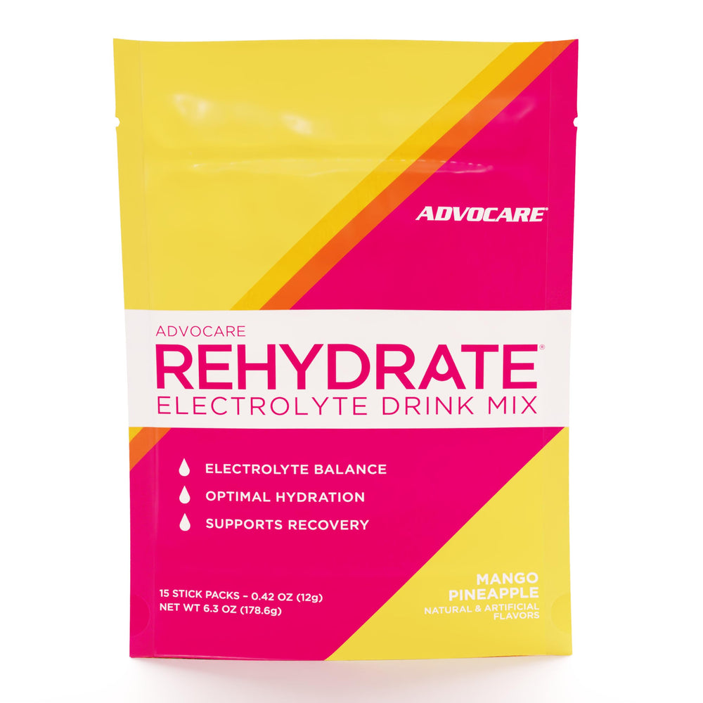 AdvoCare Rehydrate stick pack for on-the-go hydration during workouts.