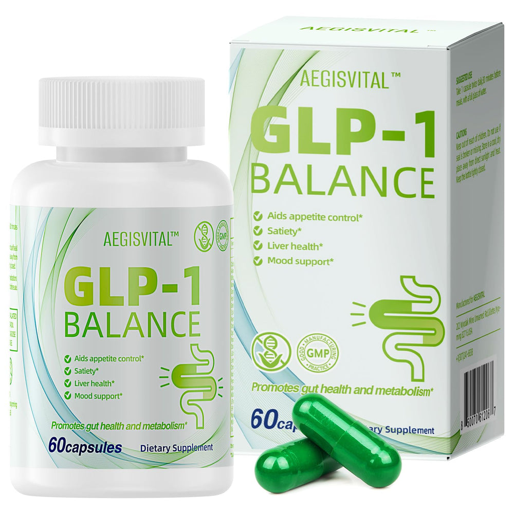 Aegisvital GLP-1 bottle closeup; convenient daily supplementation for digestion support.