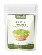 AEJESOP Karela powder bottle front ready for smoothie use.