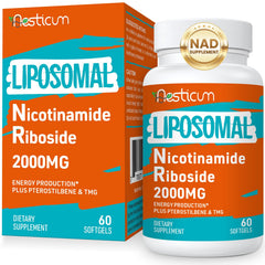 Aesticum Nicotinamide Riboside 60-softgels front highlights NAD+ support and bottle design.