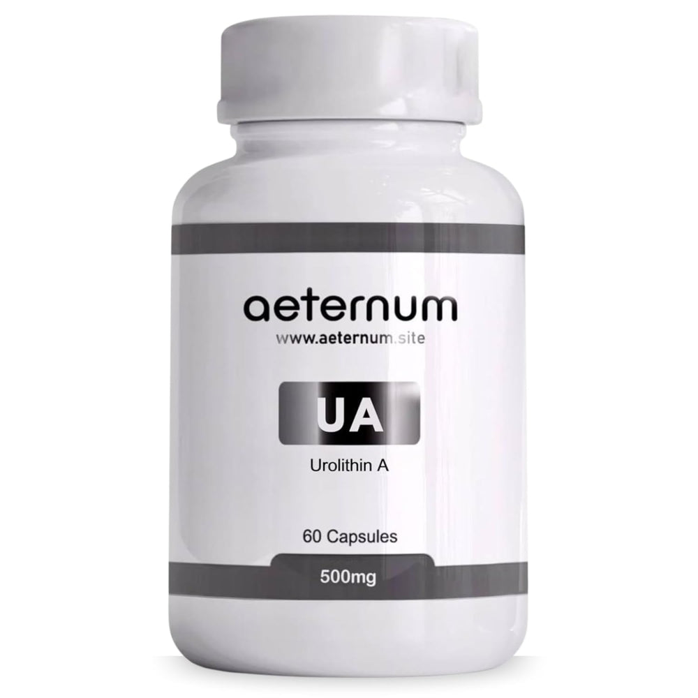 Aeternum Urolithin A 500mg bottle front with a clean, additive-free appearance.