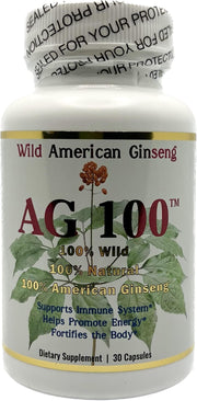 AG 100 bottle with wild American ginseng capsules, convenient daily supplement