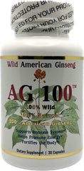 AG 100 bottle with wild American ginseng capsules, convenient daily supplement