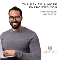 Age Defense DHEA label detail emphasizing 50 mg blend for wellness.