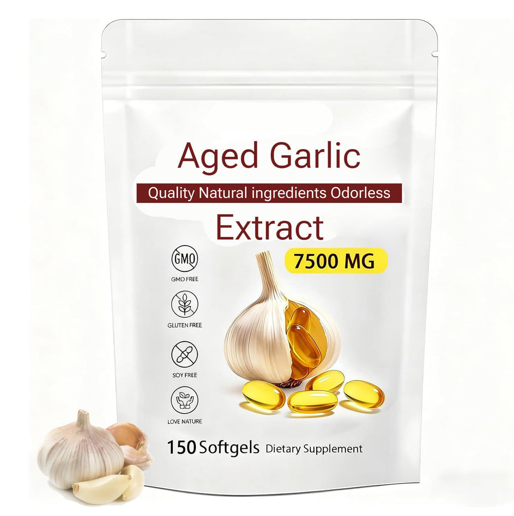 Aged Garlic Extract bottle pour highlights the odorless, easy-to-use presentation.