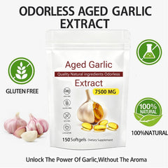 Aged Garlic Extract label details the 7500mg dosage and odor-minimizing formulation.