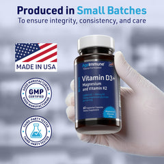 AgeImmune Brilliant D3+ Complex ingredients table highlighting D3, K2, and magnesium synergy