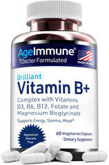 AgeImmune Vitamin B Complex bottle label highlights B6, B12 and D3 for energy support.